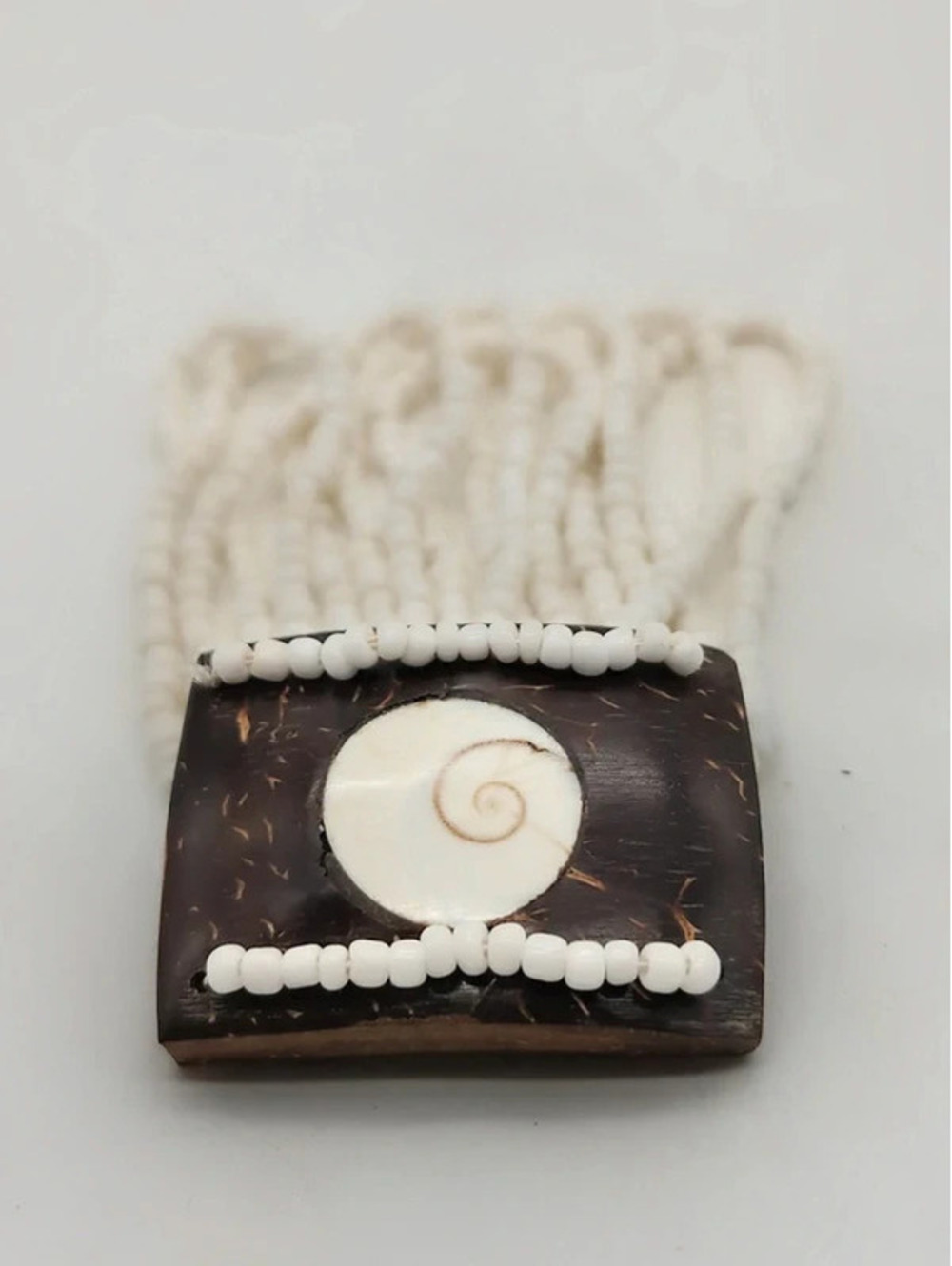 Boho Coconut Shell & Shiva Eye Multi Strand White Seed Bead Bracelet
